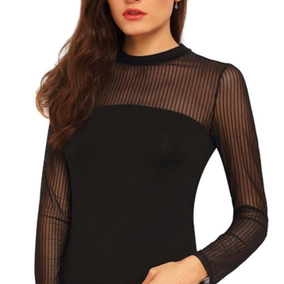 Tops - Women's long sleeve slim perspective mesh top